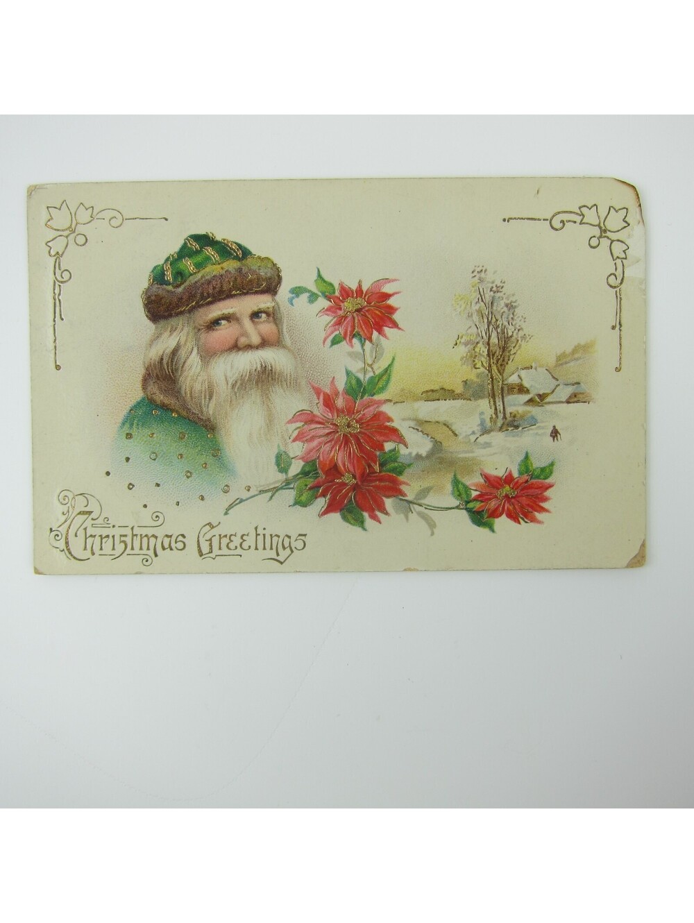 Vintage Christmas Postcard Santa Green Suit Poinsettias Gold Embossed Antique